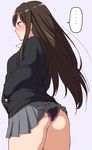  1girl ass back black_panties blush brown_hair cardigan cowboy_shot earrings grey_background hands_in_pockets idolmaster idolmaster_cinderella_girls jewelry lace lace-trimmed_panties long_hair panties pleated_skirt profile school_uniform shibuya_rin shouji_nigou simple_background skirt solo speech_bubble spoken_ellipsis underwear wardrobe_malfunction 