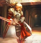  armor bad_id bad_pixiv_id blonde_hair boots breastplate clarent fate/apocrypha fate_(series) gauntlets gp holding holding_weapon indoors looking_to_the_side mordred_(fate) mordred_(fate)_(all) ponytail solo standing sword weapon 