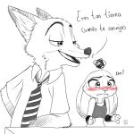  arzmx blush canine clothing disney duo female fox greyscale judy_hopps lagomorph male mammal monochrome nick_wilde police_uniform rabbit simple_background spanish_text sweat sweatdrop text uniform white_background zootopia 