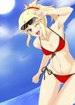  absurdres ass ass_visible_through_thighs bikini blonde_hair breasts cleavage cloud day dutch_angle fang fate/apocrypha fate/grand_order fate_(series) front-tie_top green_eyes groin highres mordred_(fate)_(all) mordred_(swimsuit_rider)_(fate) navel one_eye_closed ponytail rakku_(10219563) red_bikini side-tie_bikini side-tie_bottom sky small_breasts solo sun sunglasses swimsuit thighs 