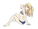  arched_back arm_support arm_up barefoot bikini blonde_hair butt_crack full_body green_eyes hiroyuki idolmaster idolmaster_cinderella_girls jougasaki_rika leaning_back long_hair looking_back midriff one_eye_closed open_mouth revision smile solo swimsuit two_side_up white_background 