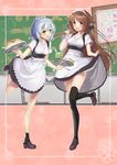  :d apron blue_hair brown_hair chalkboard green_eyes indoors long_hair maid maid_headdress multiple_girls open_mouth original parutoneru signpost smile socks standing standing_on_one_leg thighhighs tray 