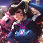  absurdres breasts brown_eyes brown_hair d.va_(overwatch) facial_mark headphones highres huge_filesize jonathan_hamilton lips looking_at_viewer mecha medium_breasts meka_(overwatch) nose overwatch paid_reward patreon_reward pilot_suit revision solo upper_body whisker_markings 