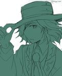  cravat edmond_dantes_(fate/grand_order) fate/grand_order fate_(series) fedora formal from_side hand_on_headwear hat looking_at_viewer male_focus minafuni monochrome sketch solo suit twitter_username wavy_hair 