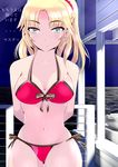  arms_behind_back bikini breasts cleavage cowboy_shot fate/apocrypha fate/grand_order fate_(series) front-tie_top green_eyes groin large_breasts mordred_(fate)_(all) mordred_(swimsuit_rider)_(fate) navel ocean raised_eyebrows red_bikini side-tie_bottom smile solo swimsuit syntier13 thigh_gap translation_request water 
