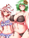  bikini black_bikini blush breasts cleavage commentary_request contrapposto expressionless frilled_bikini frills green_hair hand_on_hip hata_no_kokoro highres huge_breasts kazami_yuuka multiple_girls pink_eyes pink_hair red_eyes side-tie_bikini sidelocks smile standing swimsuit touhou white_background zan_(harukahime) zanshomimai 