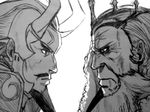  armor beard coat collar confrontation crown facial_hair fire_emblem fire_emblem_if fur_collar garon_(fire_emblem_if) glaring goatee greyscale horned_headwear horns jimmy_(akakiryuunozimi) looking_at_another monochrome multicolored_hair multiple_boys mustache old_man serious sideburns sumeragi_(fire_emblem_if) traditional_media two-tone_hair wrinkles 