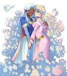  2girls bare_shoulders blonde_hair blue_dress blue_eyes cape choker crossover dark_skin dress earrings facial_mark holding_hand hyakujuu-ou_golion jewelry multiple_girls nia_teppelin pink_dress pointy_ears princess_allura ring sasha_gladysh side_slit silver_hair smile tengen_toppa_gurren_lagann voltron:_legendary_defender 