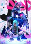 alternate_hairstyle aqua_hair blue_eyes breasts commentary electricity flat_chest gauntlets goggles goggles_around_neck hair_down heart jinx_(league_of_legends) league_of_legends lips long_hair multiple_girls oversized_forearms oversized_limbs pantyhose pink_eyes pink_hair print_legwear ross_tran short_hair small_breasts spoken_heart squatting vi_(league_of_legends) 