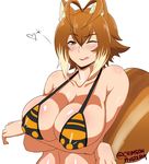  animal_ears antenna_hair bikini_top blazblue blush breast_hold breasts brown_hair cleavage covered_nipples heart heart_antenna_hair huge_breasts looking_at_viewer makoto_nanaya multicolored_hair nightmare-doom orange_eyes short_hair skindentation solo squirrel_ears squirrel_tail tail tongue tongue_out two-tone_hair upper_body white_background 