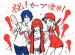  :d bangs baseball_cap baseball_uniform blue_hair blue_pants blush hair_between_eyes hat highres hiroshima_touyou_carp idolmaster idolmaster_cinderella_girls jacket kakeshou long_hair looking_at_viewer multiple_girls murakami_tomoe nippon_professional_baseball nitta_minami open_clothes open_jacket open_mouth pants red_hair red_hat red_shirt shirt short_hair short_shorts shorts simple_background sketch smile sportswear wakui_rumi white_background white_shirt 