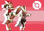  animal_ears bike_shorts bike_shorts_under_shorts blue_eyes brown_hair bunny_ears fanny_pack fighting_stance gen_4_pokemon hairband haruka_(pokemon) long_hair lopunny mabu_(dorisuto) martial_arts mega_lopunny open_mouth outstretched_arm pink_eyes pokemon pokemon_(creature) pokemon_(game) pokemon_oras pokemon_rgby ribbon shoes short_shorts shorts sneakers standing standing_on_one_leg vest 