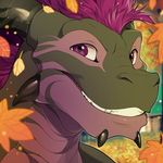  2016 anthro autumn barzillai black_scales dagger_leonelli detailed_background digital_media_(artwork) dragon front_view hair headshot_portrait horn icon leaves looking_at_viewer male multicolored_scales portrait purple_eyes purple_hair purple_scales scales scalie smile solo teeth two_tone_scales 
