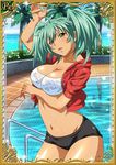  black_shorts bra breasts card_(medium) cleavage day eyebrows eyebrows_visible_through_hair green_eyes green_hair holding ikkitousen jacket large_breasts long_hair navel open_clothes open_jacket outdoors pool red_jacket ryofu_housen short_shorts short_twintails shorts solo strapless strapless_bra twintails underwear wet white_background 