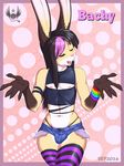  2016 anthro bachy black_hair buckteeth bulge clothed clothing crop_top crossed_legs cutout denim_shorts eldiman eyes_closed front_view fur gesture girly hair hotpants lagomorph legwear long_ears long_hair male mammal midriff multicolored_fur multicolored_hair navel nipples open_mouth pattern_background pink_hair portrait rabbit sassy shirt shorts simple_background skimpy smile solo standing striped_legwear stripes tan_fur teeth thigh_highs thong three-quarter_portrait tight_clothing tongue two_tone_fur two_tone_hair white_countershading white_fur wide_hips wristband 