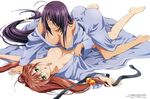  2girls black_hair black_ribbon breasts cleavage collarbone eyebrows eyebrows_visible_through_hair girl_on_top glasses green_eyes hair_bobbles hair_ornament hair_over_one_eye ikkitousen japanese_clothes kan&#039;u_unchou kimono large_breasts long_hair low-tied_long_hair lying multiple_girls on_back ribbon rin-sin ryuubi simple_background very_long_hair white_background yukata yuri 