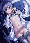  bed bed_sheet black_bow blue_eyes blush bow bow_panties camisole_lift censored collarbone cowboy_shot flat_chest from_above green_panties grey_legwear grin hair_between_eyes highres indoors jewelry kantai_collection kawakami_rokkaku kiyoshimo_(kantai_collection) lifted_by_self long_sleeves looking_at_viewer looking_up lying moonlight mosaic_censoring navel night nipples on_back on_bed open_clothes open_shirt panties panty_pull pantyhose pantyhose_pull polka_dot polka_dot_panties pussy ring shirt silver_hair smile solo stomach teeth text_focus translated underwear wedding_band 