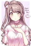  brown_hair choker earrings eyebrows eyebrows_visible_through_hair happy_birthday heart heart_earrings jewelry long_hair looking_at_viewer love_live! love_live!_school_idol_project minami_kotori minami_kotori_(bird) one_side_up ribbon ribbon_choker smile solo umeno yellow_eyes 