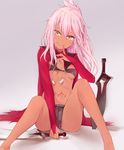  absurdres bad_perspective bare_legs barefoot blush breasts chloe_von_einzbern dark_skin fate/kaleid_liner_prisma_illya fate_(series) highres long_hair long_sleeves looking_at_viewer navel pink_hair short_sword shorts silver_(chenwen) small_breasts smile solo sword tattoo weapon yellow_eyes 