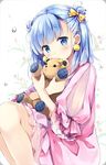  bangs blue_eyes blue_hair blush bow character_request crossed_arms earrings eyebrows eyebrows_visible_through_hair floral_background frilled_sleeves frills hair_bow jewelry looking_at_viewer natsume_eri object_hug short_hair sitting solo stuffed_animal stuffed_toy teddy_bear 