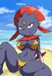  2013 annoyed anthro anthrofied athletic beach bikini breasts butt cleavage clothed clothing cloud fangs feathers female gem hi_res looking_at_viewer mammal midriff navel nintendo pok&eacute;mon pok&eacute;morph poopysocks9 seaside sharp_teeth sitting solo spread_legs spreading swimsuit teeth thick_thighs under_boob underbutt video_games water weavile 