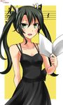  2016 alternate_costume black_dress breasts dated dress green_eyes grey_hair hebitsukai-san highres kantai_collection long_hair medium_breasts open_mouth quarter_rest ribbon smile solo staff_(music) treble_clef twintails twitter_username white_ribbon zuikaku_(kantai_collection) 