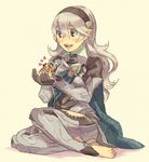 aisutabetao armor barefoot blonde_hair blush_stickers cape chibi cupping_hands elise_(fire_emblem_if) female_my_unit_(fire_emblem_if) fire_emblem fire_emblem_if full_body gloves hair_between_eyes hair_ribbon hairband happy holding long_hair minigirl multiple_girls my_unit_(fire_emblem_if) open_mouth pointy_ears red_eyes ribbon silver_hair sitting smile solo_focus twintails wand 