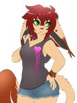  5_fingers alpha_channel anthro armpits bracelet brown_nose clothed clothing eyelashes female fur green_eyes hair jewelry mammal red_hair simple_background solo spazzykoneko standing tan_fur transparent_background 