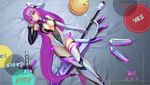  300_heroes breasts cleavage detached_sleeves elbow_gloves gloves headgear isha_(300_heroes) large_breasts leotard long_hair lying making_of mismatched_gloves on_back purple_eyes purple_hair single_elbow_glove solo thighhighs wangchuan_de_quanyan weapon 