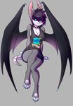  2016 4_toes 5_fingers anthro bat bat_wings black_nose black_sclera blue_eyes breasts cleavage clothed clothing collar digitigrade english_text female fur grey_background grey_fur hair looking_at_viewer mammal membranous_wings purple_hair simple_background smile solo spazzykoneko text toes wings 