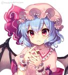  arm_garter bat_wings blue_hair blush brooch closed_mouth commentary_request fang frilled_shirt_collar frills hat hat_ribbon interlocked_fingers jewelry looking_at_viewer masaru.jp mob_cap nail_polish pink_shirt puffy_short_sleeves puffy_sleeves red_eyes red_nails red_ribbon remilia_scarlet ribbon shirt short_hair short_sleeves solo touhou twitter_username upper_body white_background wings wrist_cuffs 