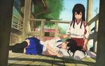  akagi_(kantai_collection) balcony bangs black_hair black_legwear blush brown_eyes day drainpipe dutch_angle hakama_skirt japanese_clothes kaga_(kantai_collection) kantai_collection lap_pillow long_hair lying multiple_girls no_shoes on_floor on_side outdoors power_lines railing shadow shijukara_(great_tit) side_ponytail sitting sky smile tasuki telephone_pole thighhighs traditional_media tree veranda watercolor_(medium) white_legwear yokozuwari zettai_ryouiki 