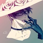  1girl artist_name bayonetta bayonetta_(character) bayonetta_2 biting black_gloves black_hair blue_eyes choker collarbone earrings flower glasses gloves gradient gradient_background hat kara_ikuko looking_at_viewer rose short_hair simple_background solo 