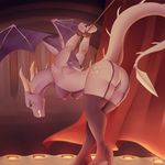  2016 angry anthro breasts butt clenched_teeth clothing curtains dragon female footwear handcuffs hi_res high_heels legwear nipples pussy restrained scalie shackles spiked_tail stage stockings teeth v-i wings 