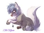  blue_eyes blue_hair canine claws dog ear_piercing feral fluffy fluffy_tail fur grey_fur grey_nose hair hindpaw inner_ear_fluff jewelry male mammal necklace pale_eyes pawpads paws piercing simple_background sitting solo tril-mizzrim white_background white_fur 
