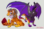  bat blue_nose brown_eyes canine caprine curved_horn duo feline female feral fox fur grey_fur hair horn hybrid looking_at_viewer mammal membranous_wings orange_fur pawpads purple_eyes purple_hair red_stripes simple_background sitting standing stripes tiger tril-mizzrim white_background wings yellow_fur 