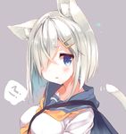 1girl animal_ear_fluff animal_ears blue_eyes blush breasts cat_ears embarrassed flying_sweatdrops grey_background hair_ornament hair_over_one_eye hairclip hamakaze_(kantai_collection) kantai_collection kemonomimi_mode looking_at_viewer medium_breasts motion_lines neckerchief p19 school_uniform serafuku shirt short_hair silver_hair simple_background solo spoken_interrobang sweatdrop tail_wagging upper_body white_shirt yellow_neckwear 