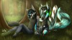  anthro canine clothed clothing duo feathered_wings feathers female forest girly male mammal nelly63 outside sitting smile tree wings 