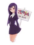  blush cross cross_hair_ornament hair_ornament kannagi long_hair looking_at_viewer nun placard purple_eyes purple_hair sign solo yasaka zange 