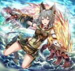  animal_ears boots claw_(weapon) claws collar erune fire granblue_fantasy grey_hair hair_between_eyes highres hourainingyou looking_at_viewer open_mouth red_eyes sen_(granblue_fantasy) silver_hair skirt smile solo weapon 