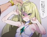  bare_shoulders blonde_hair crying green_eyes hair_pull hizuki_akira long_hair lusamine_(pokemon) out_of_frame pokemon pokemon_(game) pokemon_sm solo_focus tears translation_request upper_body watch wristwatch 