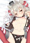  amatsukaze_(kantai_collection) areolae black_panties blush bow bow_panties breasts brown_dress choker collarbone cum cum_on_body dress garter_straps gloves hair_between_eyes hair_tubes head_tilt highres kantai_collection lips long_hair looking_at_viewer lying nebusoku nipples on_back open_clothes open_dress panties red_legwear sailor_collar sailor_dress short_dress silver_hair single_glove sling small_breasts solo spread_legs striped striped_legwear thighhighs thighs two_side_up underwear underwear_pull white_gloves windsock yellow_eyes 