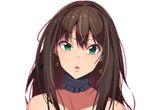  bare_shoulders brown_hair commentary detached_collar earrings erere green_eyes idolmaster idolmaster_cinderella_girls jewelry long_hair looking_at_viewer open_mouth shibuya_rin simple_background solo white_background 