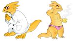  alphys blush claws clothing cup female flat_chested hot_drink lab_coat melvismd multiple_poses panties pose reptile scales scalie undertale underwear video_games yellow_scales 