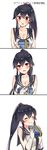  black_hair blush breasts cleavage closed_eyes comic gift happy ichinomiya_(blantte) kantai_collection long_hair looking_at_viewer open_mouth ponytail red_eyes silent_comic simple_background smile translation_request upper_body white_background white_day yahagi_(kantai_collection) 