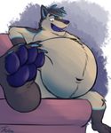  2016 4_toes anthro armpits belly bi0wolf big_belly black_fur black_hair blue_fur blue_highlights blue_nose blue_pawpads blue_tongue canine casual_nudity claws digital_media_(artwork) fangs foreshortening fur grey_fur hair hi_res highlights male mammal multicolored_fur navel nude overweight overweight_male pawpads paws relaxing signature simple_background sofa solo tanio textured_background toe_claws toes tongue wolf yellow_eyes 