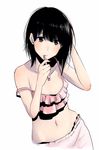  bangs bare_shoulders black_hair brown_hair brushing_teeth collarbone cowboy_shot hand_on_own_head hands_up highres kalua midriff navel original short_hair simple_background solo strap_slip toothbrush white_background 