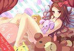  ass bed blush body_blush bow breasts brown_eyes brown_hair character_name cleavage collarbone convenient_head eyebrows eyebrows_visible_through_hair hair_bow idolmaster idolmaster_(classic) long_hair minase_iori nude pillow red_bow small_breasts solo striped striped_pillow stuffed_animal stuffed_toy teddy_bear vertical-striped_pillow vertical_stripes 