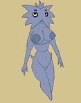  4_fingers anthro anthrofied areola armpits barefoot black_eyes blue_skin breasts erect_nipples female looking_at_viewer mask navel nintendo nipples nude pok&eacute;mon posexe pupitar pussy rock shell simple_background solo spines video_games 