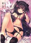  2015 absurdres artist_name babydoll bad_id bad_yandere_id black_hair black_legwear black_panties blush bow bow_panties cover cover_page doujin_cover english fang garter_belt hair_ornament hairband highres lace lace-trimmed_thighhighs lingerie long_hair looking_at_viewer navel number open_mouth original panties panties_over_garter_belt panty_pull pink_eyes puffy_short_sleeves puffy_sleeves rubi-sama scan short_sleeves side-tie_panties sock_dangle solo sparkle thighhighs thighhighs_pull underwear 